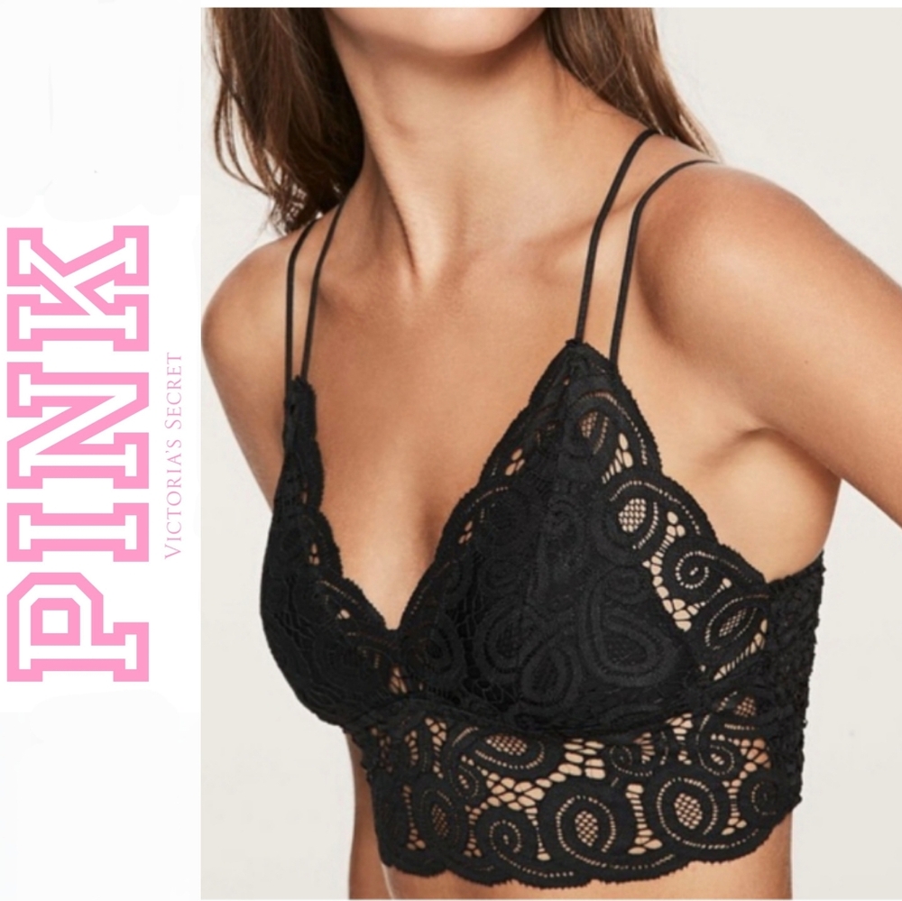 PINK Victoria's Secret Black Lace Longline Bralette with Double Straps
